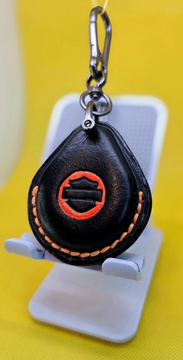 Black Premium Veg-tan Leather Harley Davidson Key Fob Case with Orange Stitching