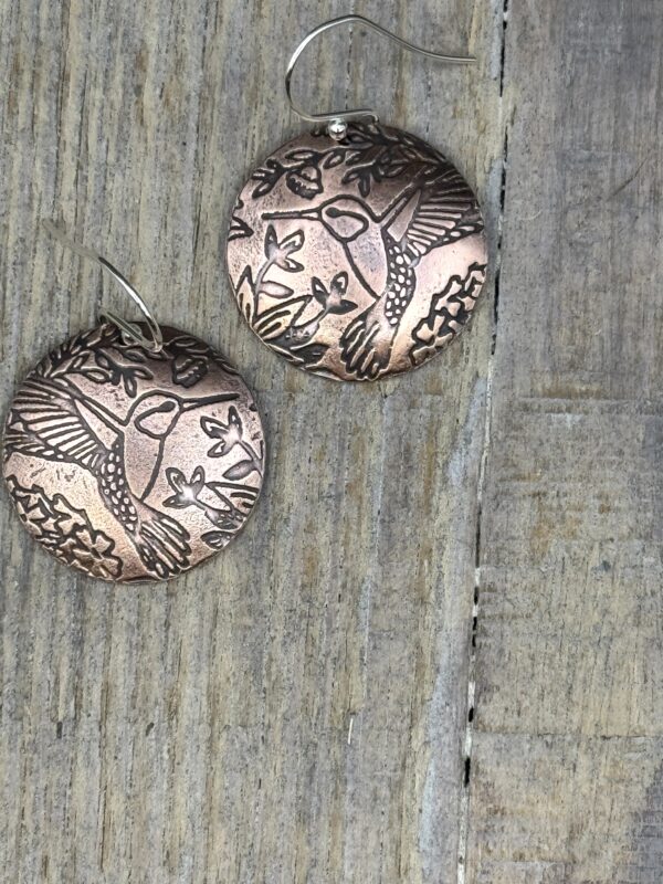 Handmade Round Copper Earrings Hummingbird Design – Boho Shabby Chic Dangles