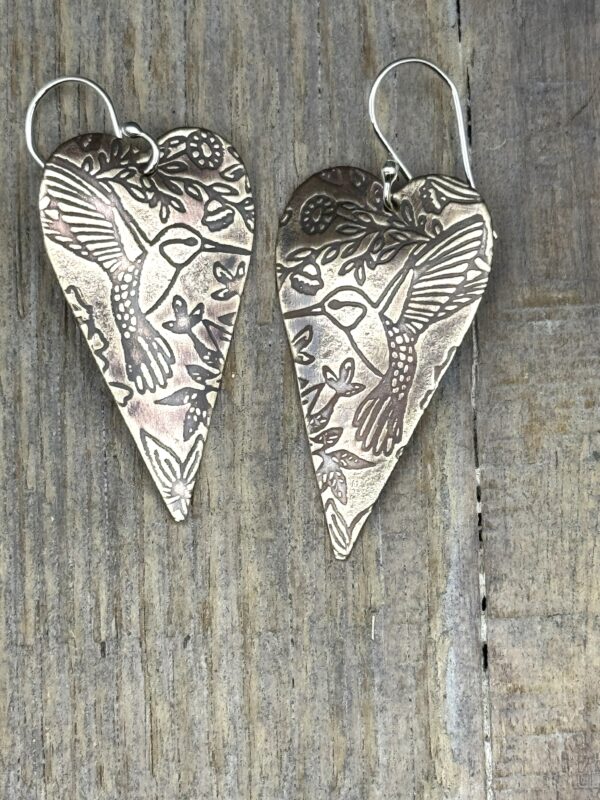 Handmade NuGold Heart Earrings Hummingbird Design – Boho Shabby Chic Dangles