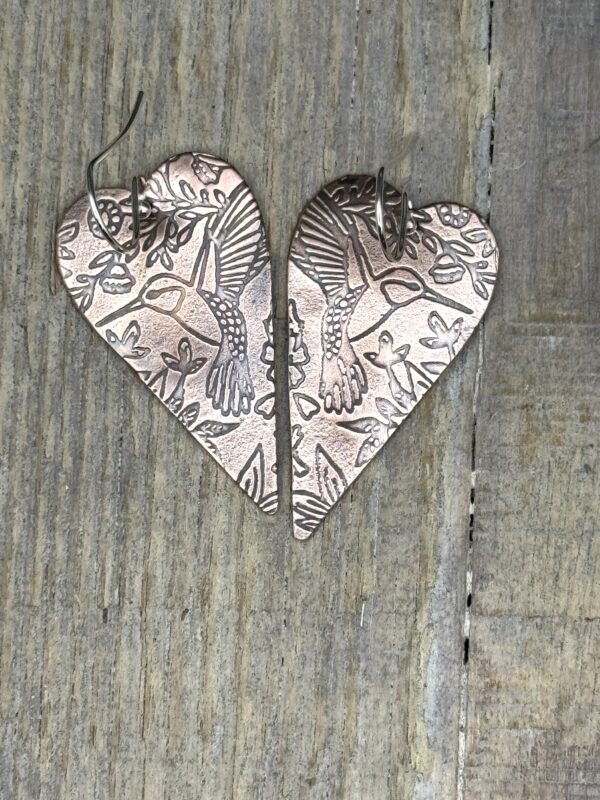 Handmade Copper Heart Earrings Hummingbird Design – Boho Shabby Chic Dangles