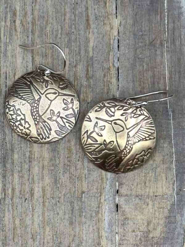 Handmade Round NuGold (Jewelers Bronze) Earrings Hummingbird Design – Boho Shabby Chic Dangles