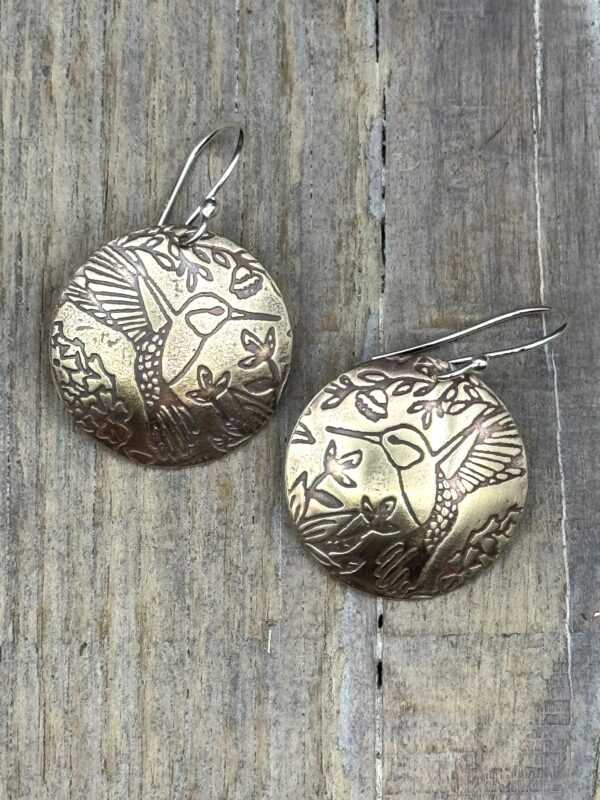 Handmade Round NuGold (Jewelers Bronze) Earrings Hummingbird Design – Boho Shabby Chic Dangles