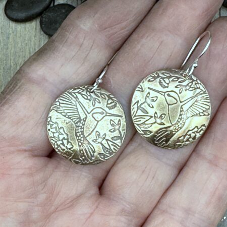 Handmade Round NuGold (Jewelers Bronze) Earrings Hummingbird Design – Boho Shabby Chic Dangles