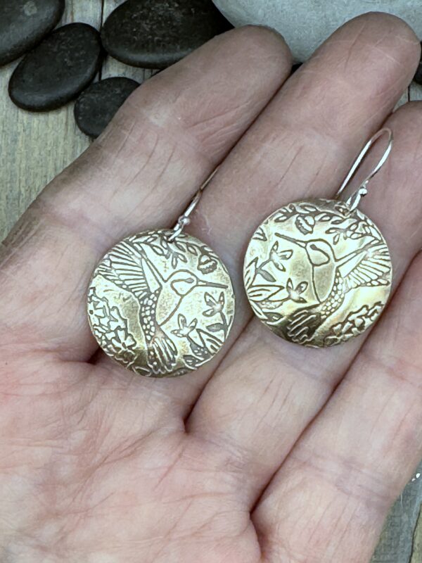 Handmade Round NuGold (Jewelers Bronze) Earrings Hummingbird Design – Boho Shabby Chic Dangles