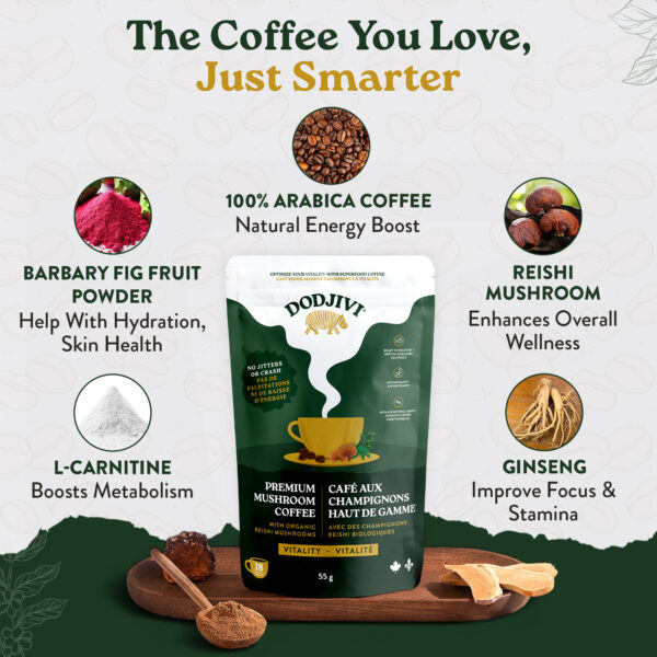 Dodjivi Functional Instant Mushroom Coffee – For Clarity, Calm Energy & Gut Support | With Reishi, Ginseng, Green Tea & Botanical Superfoods (18 Servings)