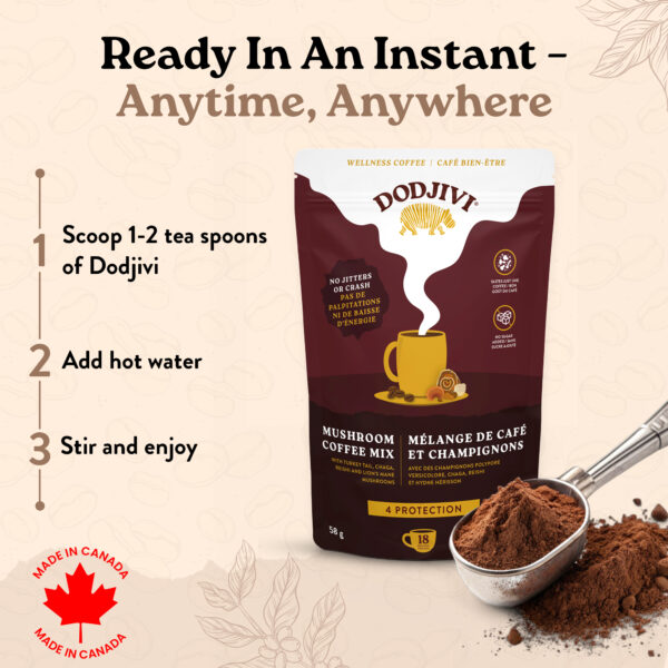 Dodjivi Instant Mushroom Coffee with Arabica, Lion’s Mane, Reishi, Chaga & Turkey Tail – A Nootropic Blend for Focus, Mental Clarity, Immunity, Gut Health & Stress Relief -18 Servings