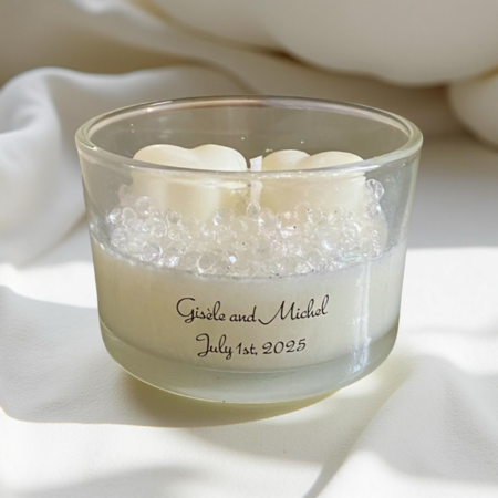 Custom Elegant White Wedding Candle with Twin Hearts & Sparkles