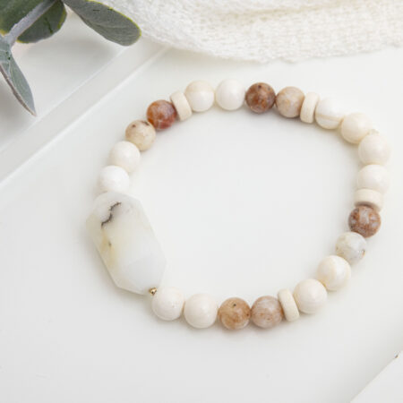 Boho Bracelet with Mexican Morado Opal, Freshwater Pearls, White Opal Gemstone & Wooden Beads