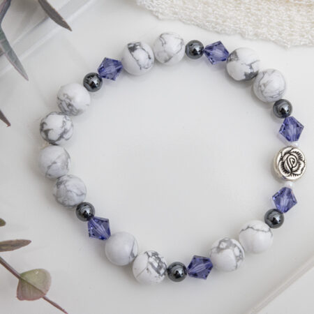Calming White Howlite Bracelet Featuring Purple Swarovski, Hematite, and Antique Silver Flower Charm