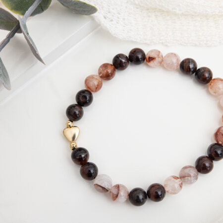 Red Phantom Quartz and Coffee Agate Bracelet with Gold Hematite Heart