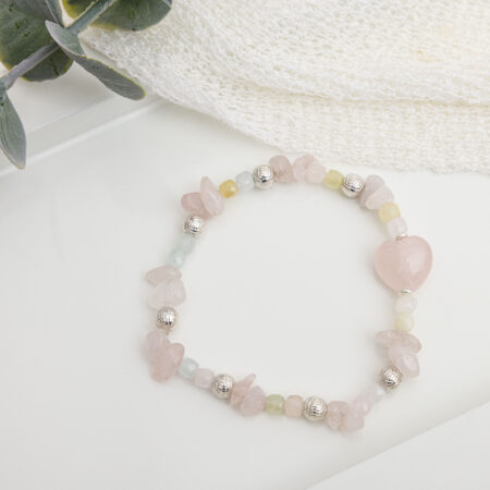 Rose Quartz and Morganite Bracelet with Sterling Silver Beads and Heart Centerpiece
