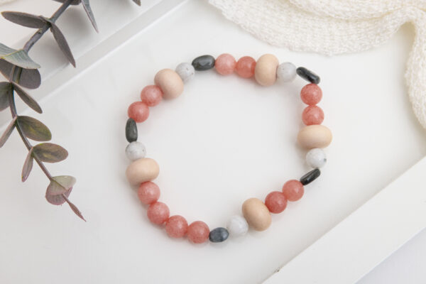 Boho Crystal Bracelet – Rhodochrosite, Moonstone, Tiger Eye & Pink Wood Beads