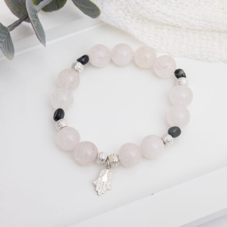 Rose Quartz and Tiger Eye Bracelet with 925 Sterling Silver Hamsa Hand & Tibetan Silver Beads