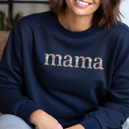 Navy sweatshirt with floral mama embroidered on front | purple ladybug decor