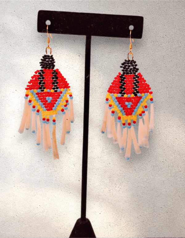 Handcrafted Indigenous Seed Bead Earrings: Fancy Shawl Dancer with Dentalium Fringe - Dangle, Stud, Clip-on