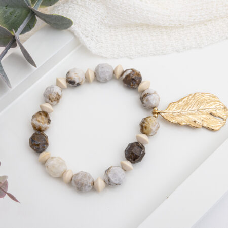 Red Zebra Jasper Diamond-Cut Bracelet with Beige Bicone Beads and Gold Feather Charm