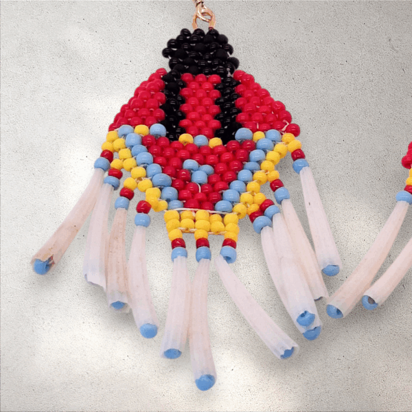 Handcrafted Indigenous Seed Bead Earrings: Fancy Shawl Dancer with Dentalium Fringe - Dangle, Stud, Clip-on