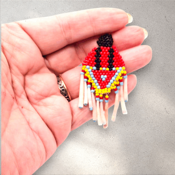 Handcrafted Indigenous Seed Bead Earrings: Fancy Shawl Dancer with Dentalium Fringe - Dangle, Stud, Clip-on