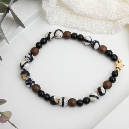 Handmade Rain Flower Stone Bracelet with Black Onyx, Copper Hematite & Gold Star Charm
