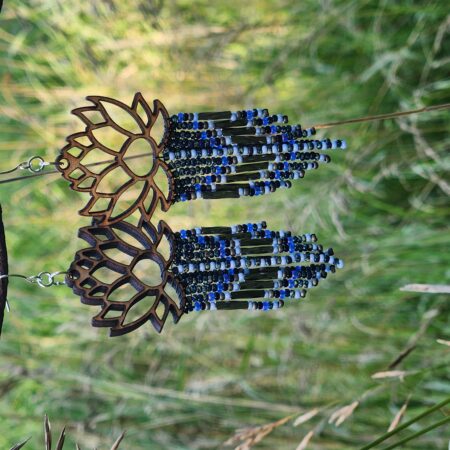 Boho Lotus Wood & Beaded Fringe Earrings