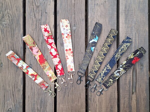 Handmade Wristlet Keychain – Japanese Style Cotton Fabric Strap (Red & Black Designs) | Made in Canada