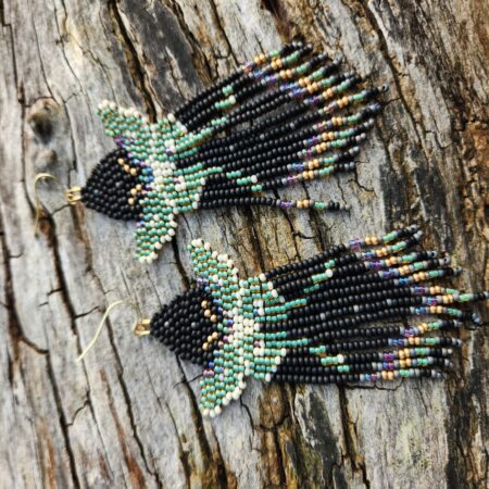 Handwoven Beaded Moth Earrings – Black, Teal & Gold Fringe