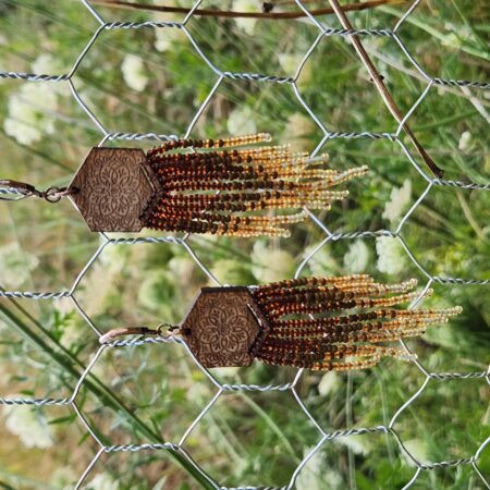 Boho Hexagon Copper & Beaded Fringe Earrings