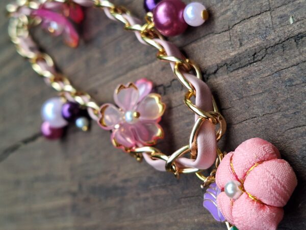 One-of-a-Kind Kimono Blossom Bag Charm – Handmade Japanese Fabric Accessory with Floral and Pearl Accents