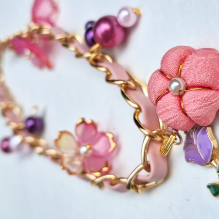 One-of-a-Kind Kimono Blossom Bag Charm – Handmade Japanese Fabric Accessory with Floral and Pearl Accents