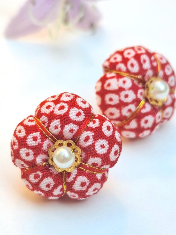 Handmade Kimono Fabric Plum Blossom Earrings – Japanese Floral Studs in White, Red, Lavender