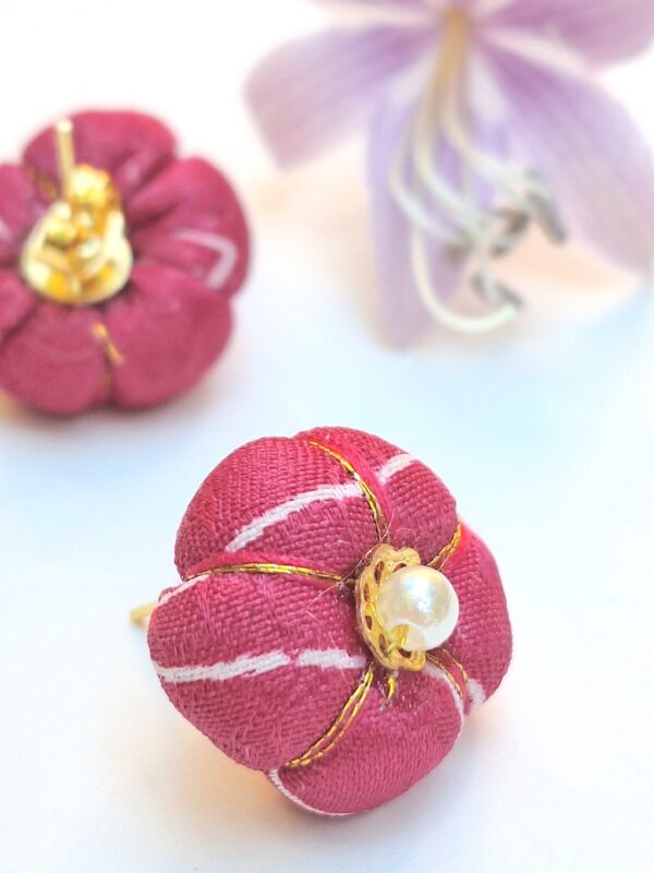 Handmade Kimono Fabric Plum Blossom Earrings – Japanese Floral Studs in White, Red, Lavender