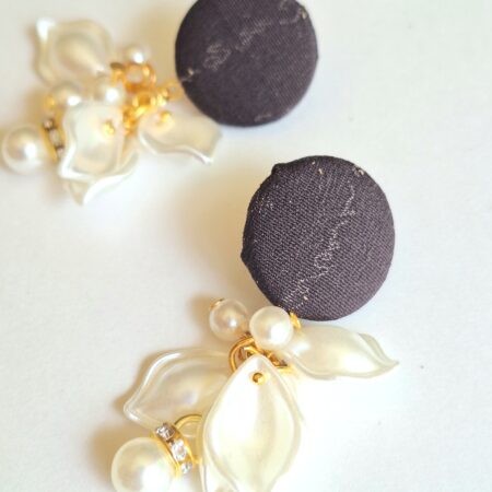 Authentic Kimono Fabric Earrings with White Petal Charms and Pearls – Handmade Japanese Studs