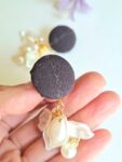 Authentic Kimono Fabric Earrings with White Petal Charms and Pearls – Handmade Japanese Studs