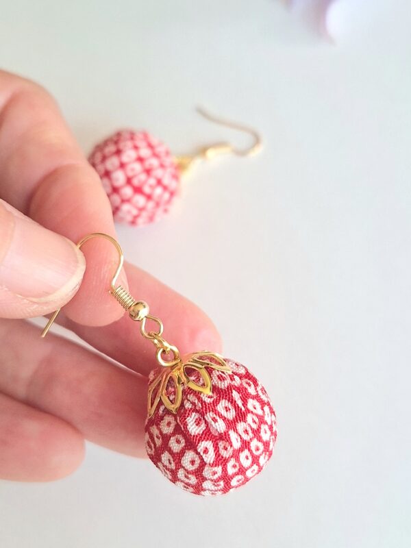 Authentic Kimono Silk Round Ball Earrings – Handmade Japanese Fabric Dangle Jewelry