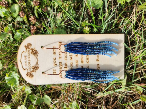 Handmade Blue Beaded Fringe Earrings – Boho Dangle Jewelry