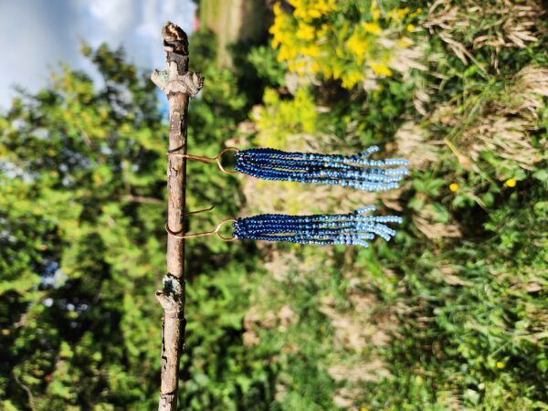 Handmade Blue Beaded Fringe Earrings – Boho Dangle Jewelry