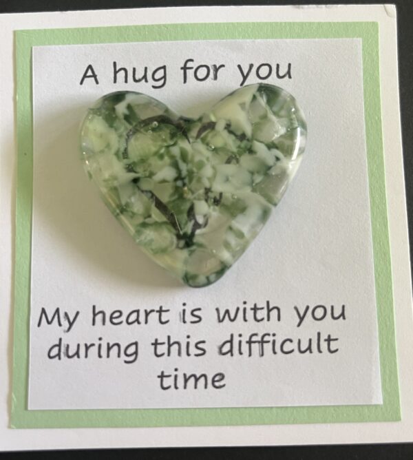 A Hug For You card with medium glass pocket heart "My heart is with you during this difficult time"