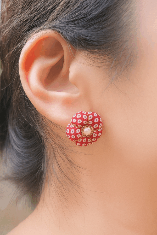 Handmade Kimono Fabric Plum Blossom Earrings – Japanese Floral Studs in White, Red, Lavender