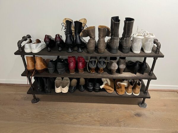 Steampunk style Shoe Rack with union style handles , Entryway Organizer, rustic shoe rack, Shoe Organizer, unique shoe rack