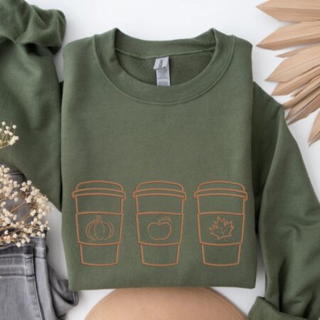 military green with embroidered fall coffee icons