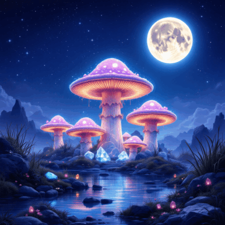 mushroom circle, moonlit pond, crystal stone, starry sky, fantasy art-min