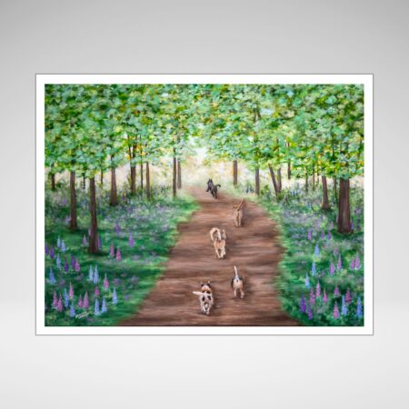 Dogs running a woodland path surrounded by trees and wildflowers