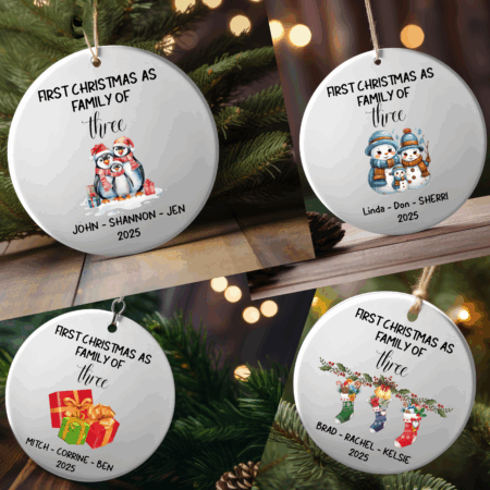 Personalized Family of 3 Christmas Ornaments – Custom First Christmas Keepsake (Double-Sided, Add Names)