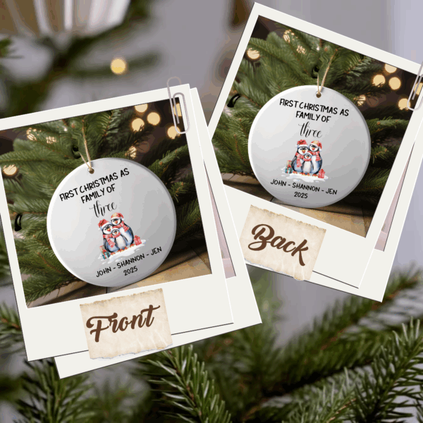 Personalized Family of 3 Christmas Ornaments – Custom First Christmas Keepsake (Double-Sided, Add Names)