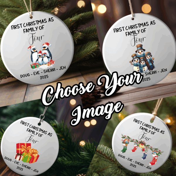 Personalized Family of 4 Christmas Ornaments – Custom First Christmas Keepsake (Double-Sided, Add Names)