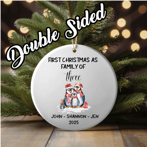 Personalized Family of 3 Christmas Ornaments – Custom First Christmas Keepsake (Double-Sided, Add Names)