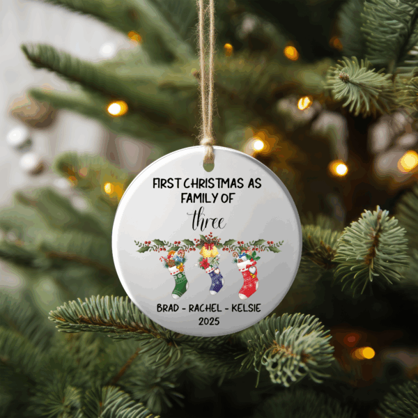 Personalized Family of 3 Christmas Ornaments – Custom First Christmas Keepsake (Double-Sided, Add Names)