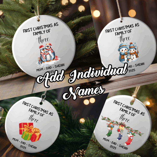 Personalized Family of 3 Christmas Ornaments – Custom First Christmas Keepsake (Double-Sided, Add Names)