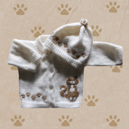 Beige Cat Baby Sweater, Handmade Knitted Baby Sweater, Personalized Baby Sweater