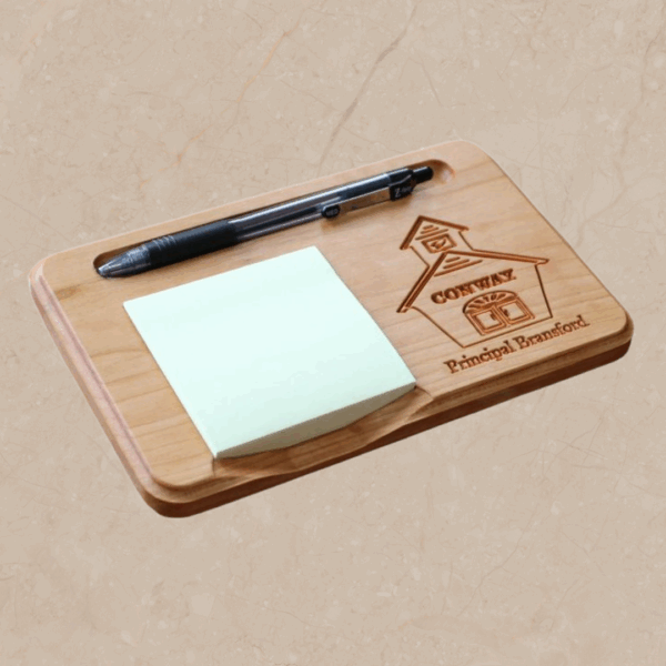 Carved Wooden School Sticky Note Holder: Personalized Notepad & Pen Organizer